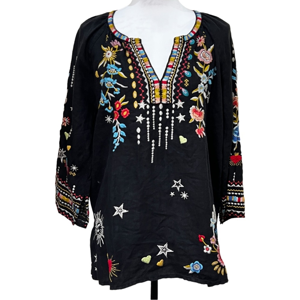 NWT Johnny Was Maris Linen Split Neckline Peasant Tunic Black Floral Aztec HAMSA